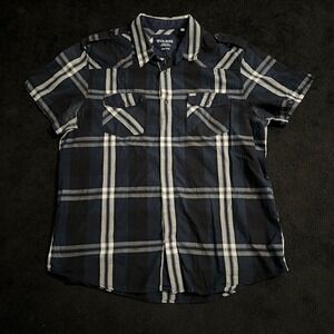Guess Shirt Mens Double Extra Large Navy Blue Plaid Short Sleeve Western XXL